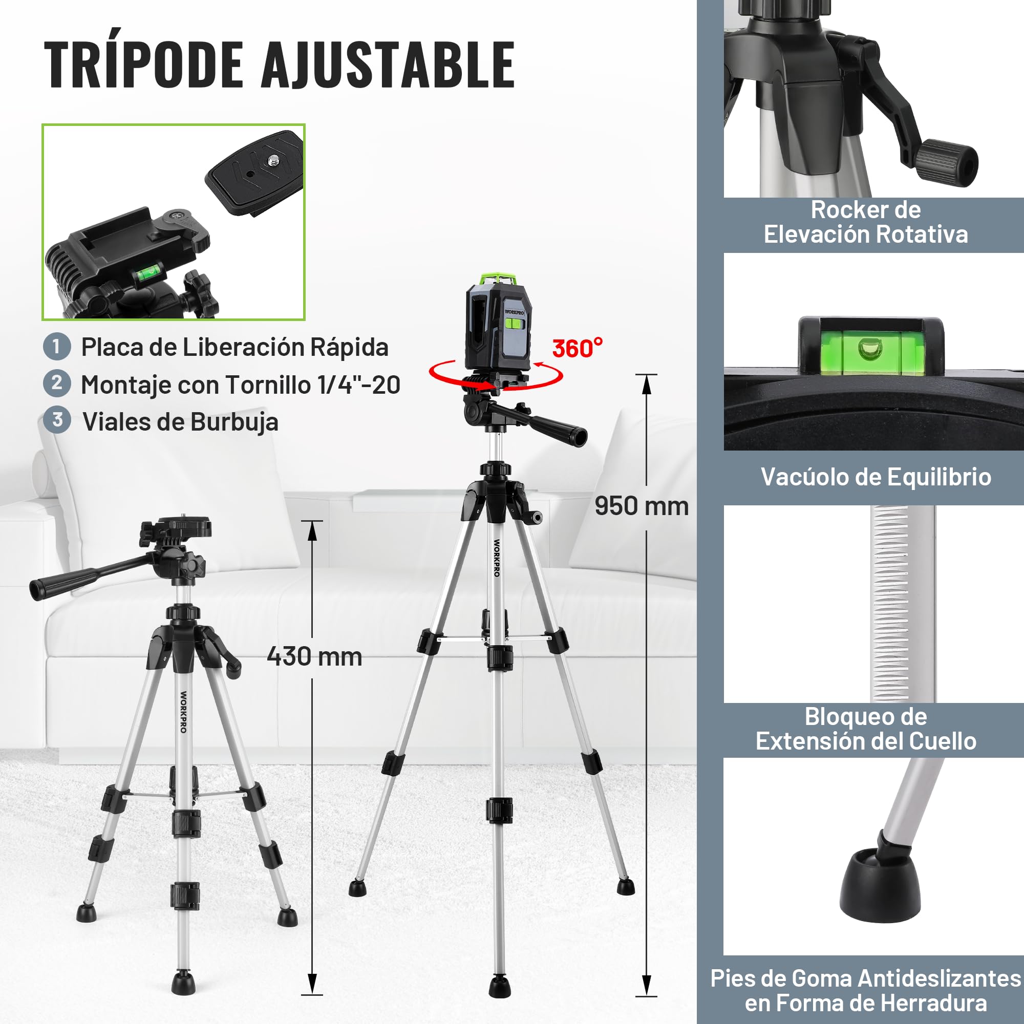 WORKPRO Nivel Láser 360° con Trípode, 30m, Láser Verde | Línea Horizontal, Vertical y Cruzada con 3 Modos, Soporte Magnético, Trípode Ajustable y Bolsa de Transporte