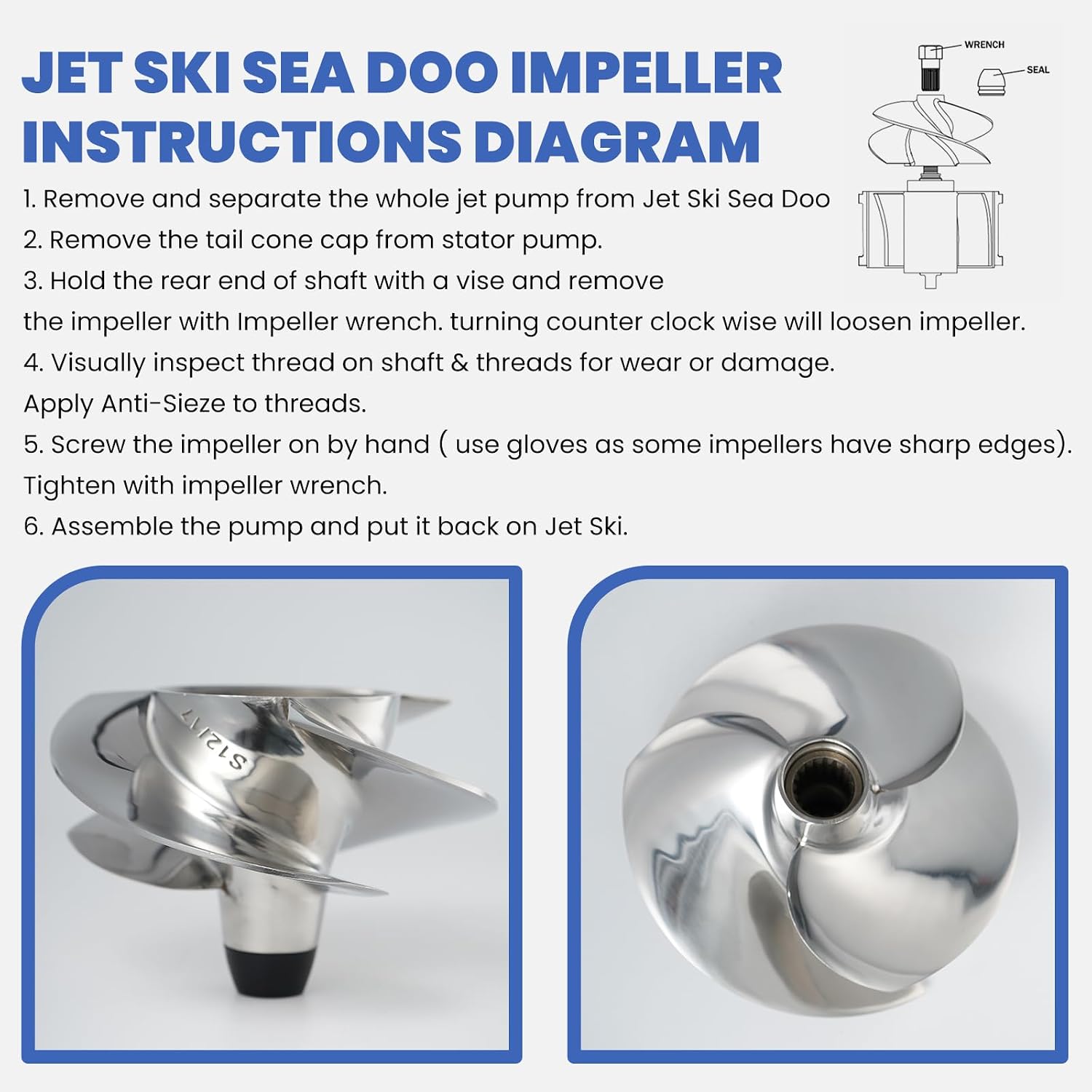 Jet Ski Impeller Fit Seadoo SK-CD-12/17 Spark ACE 900 Spark ACE 900 HO Spark TRIXX 3-Blade Polished 140MM Diameter