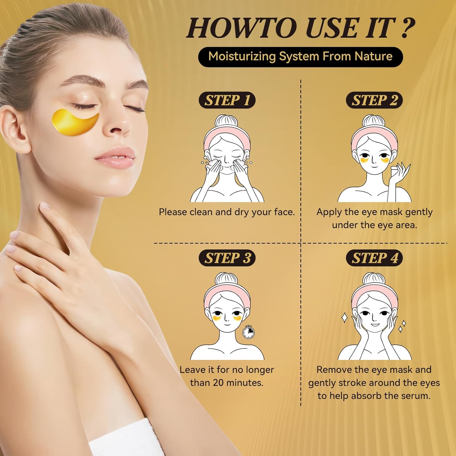 24k Gold Under Eye Patches, 60 Pcs Hydrogel Eye Mask Skincare with Collagen and Hyaluronic Acid for Puffiness, Dark Circles and Fine Lines, Cooling Under Eye Mask for Women and Men - Image 4