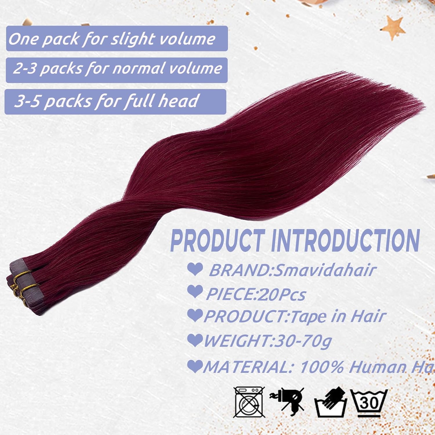 Burgundy Tape in Hair Extensions Real Human Hair for White Women, 16 Inch 99J Wine Red Tape in Remy Hair Extensions 30g 20pcs Seamless Skin Weft Silky Straight Red Hair Extension