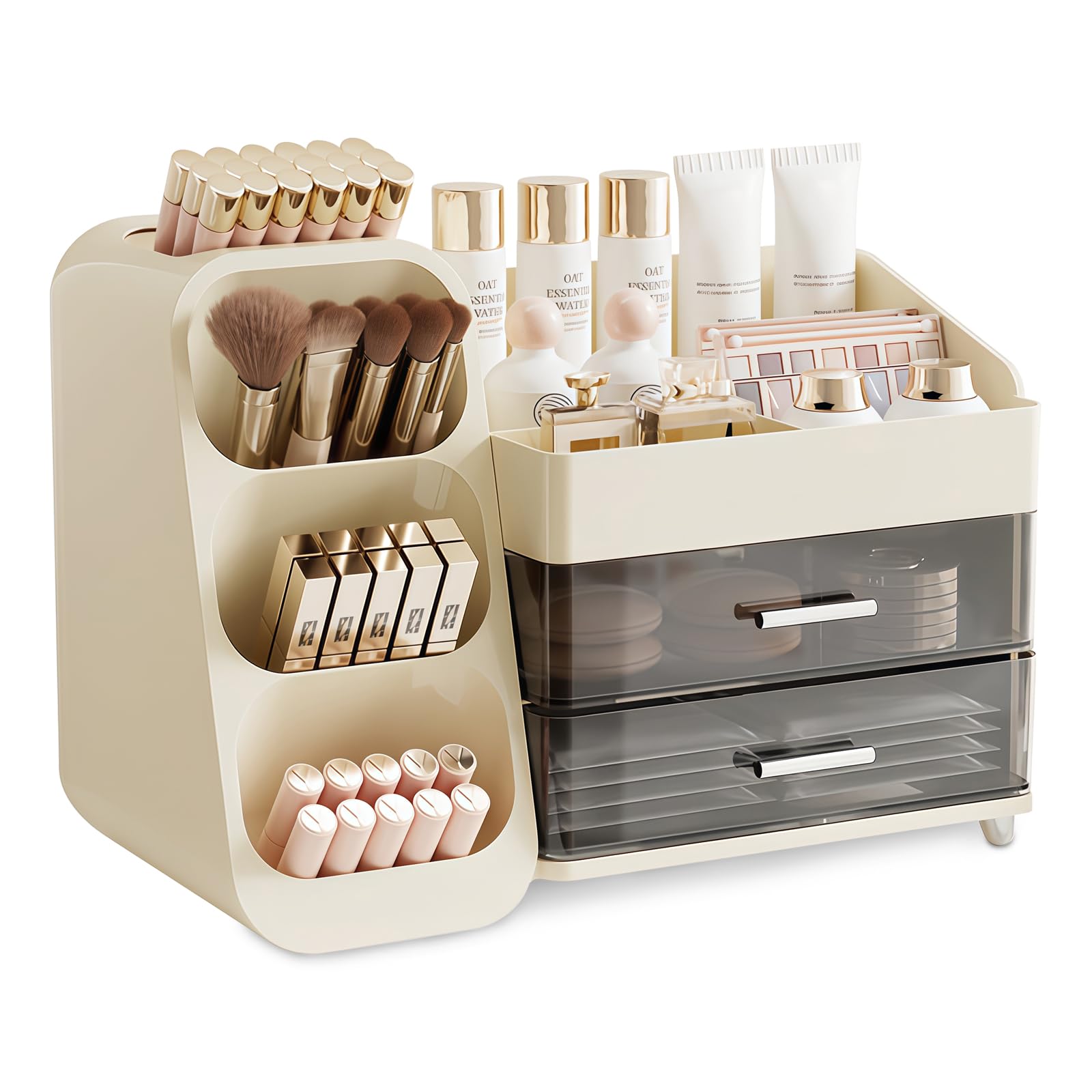 Organizzatore per Trucchi con 2 Cassetti, Organizzatore Multifunzione 3 in 1, Organizzatore per Toeletta, Bagno e Camera da Letto, Bianco Latteo