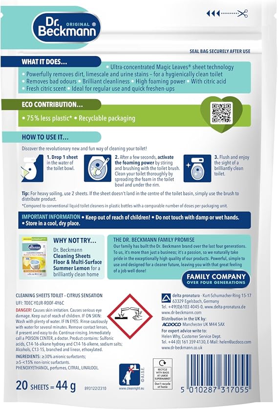 Dr. Beckmann Toilet Cleaning Sheets, Citrus Sensation, 20 Sheets