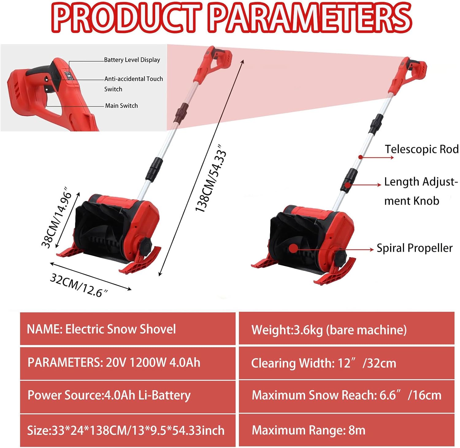 Electric Snow Blower with 20V 4.0Ah Battery & 1200W Motor, Cordless Snow Shovel, 32CM Clearing Width Snow Removal Tool for Driveway and Doorstep