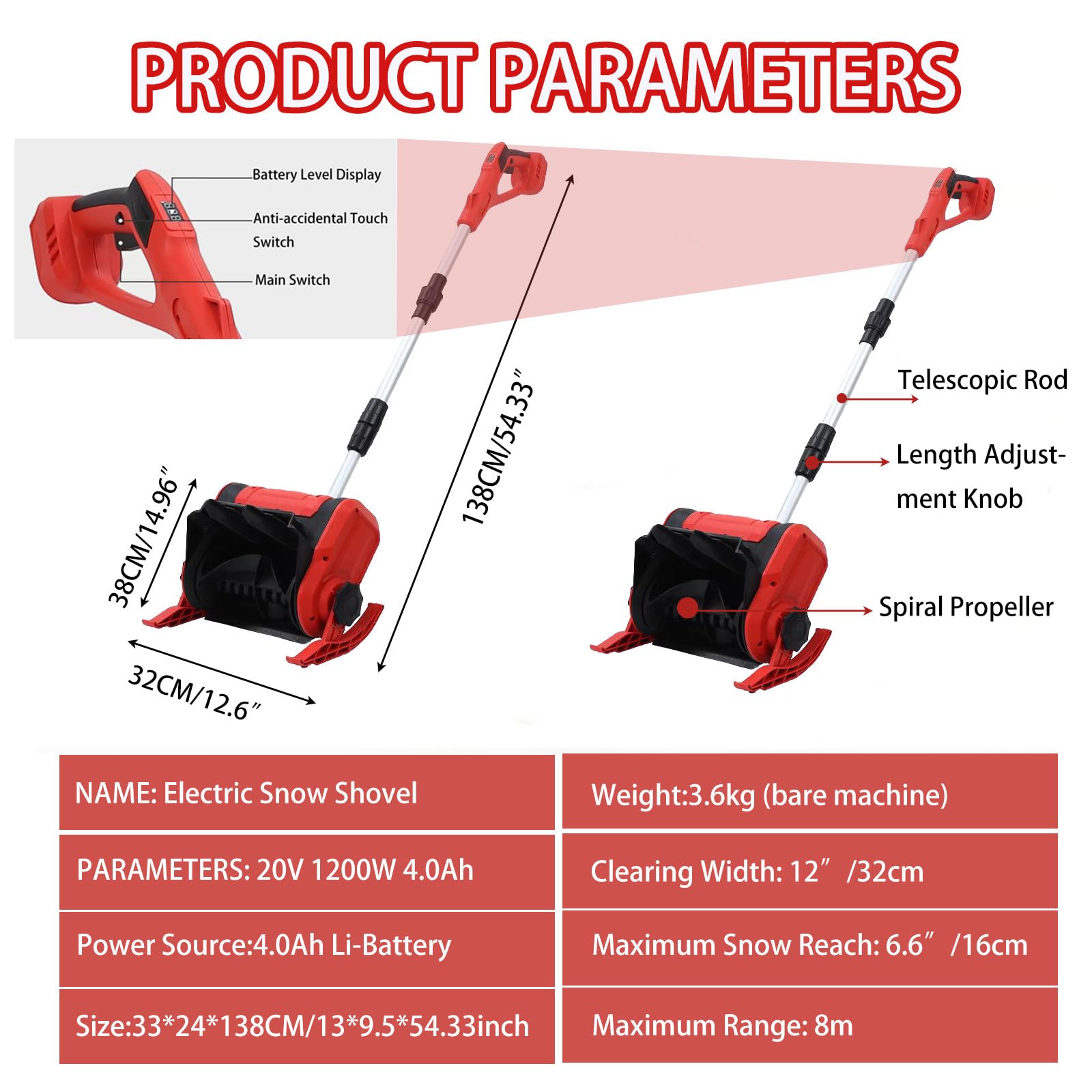 Fraise à Neige, Deneigeuse Electrique, Déneigement pour Allées, Batterie 20V 4Ah, Moteur Haute Puissance 1200W, Portée 16cm, Léger et Facile à Manipuler
