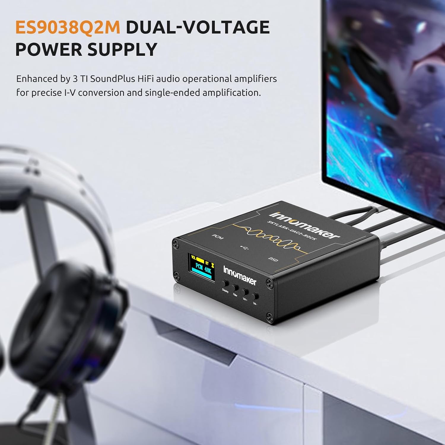 HiFi USB DAC/Headphone Amplifier 3.5mm/XRL Outputs ES9038Q2M PCM 32Bit/768kHz or DSD256 Audio Spectrum FFT Display Audio Car for PC/Laptops/SBC Not Supported on Mac Os