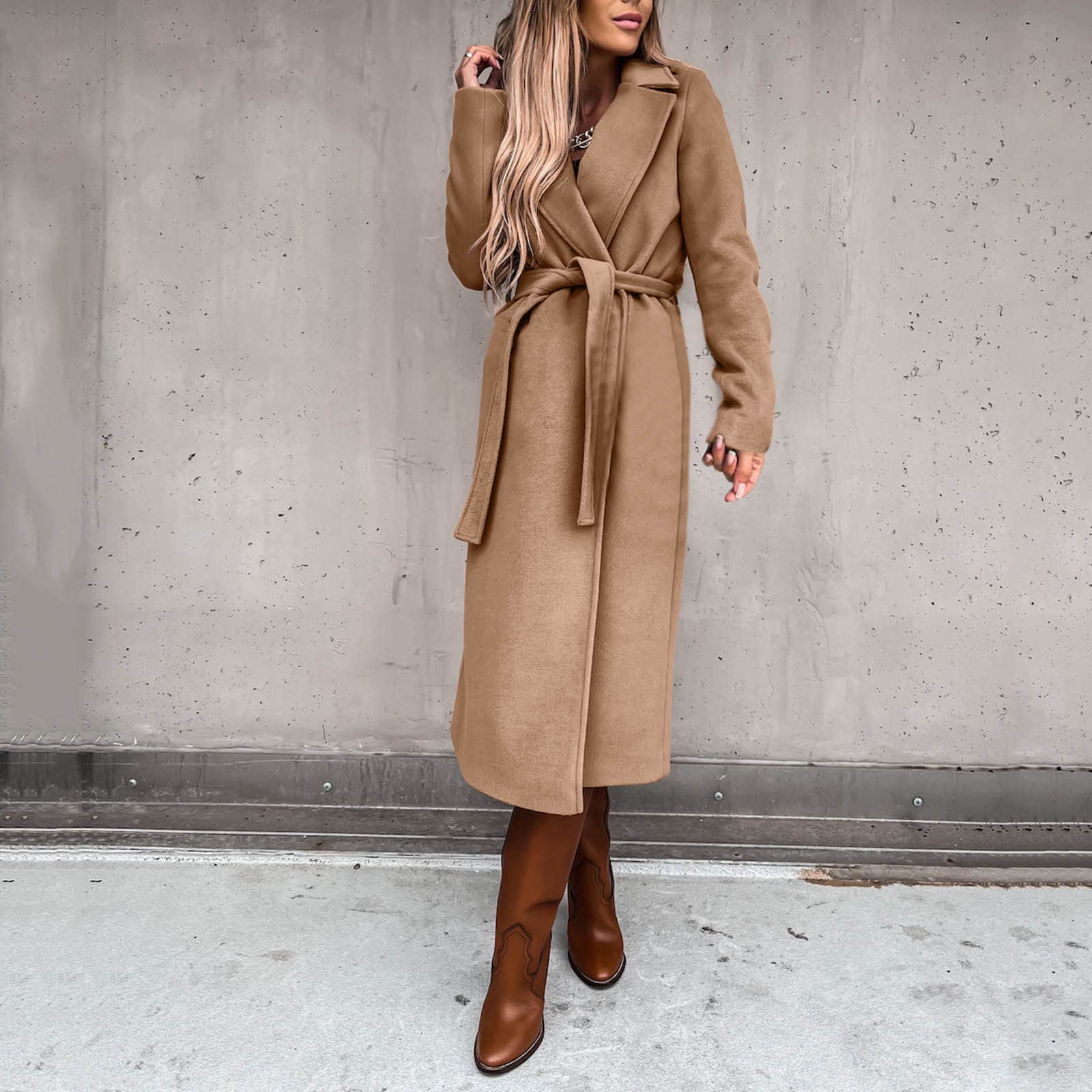 Damski płaszcz zimowy, długi płaszcz wełniany, ciepła kurtka przejściowa, jednokolorowa, slim revers, marynarka, elegancka wiatrówka, modny płaszcz, khaki, XL