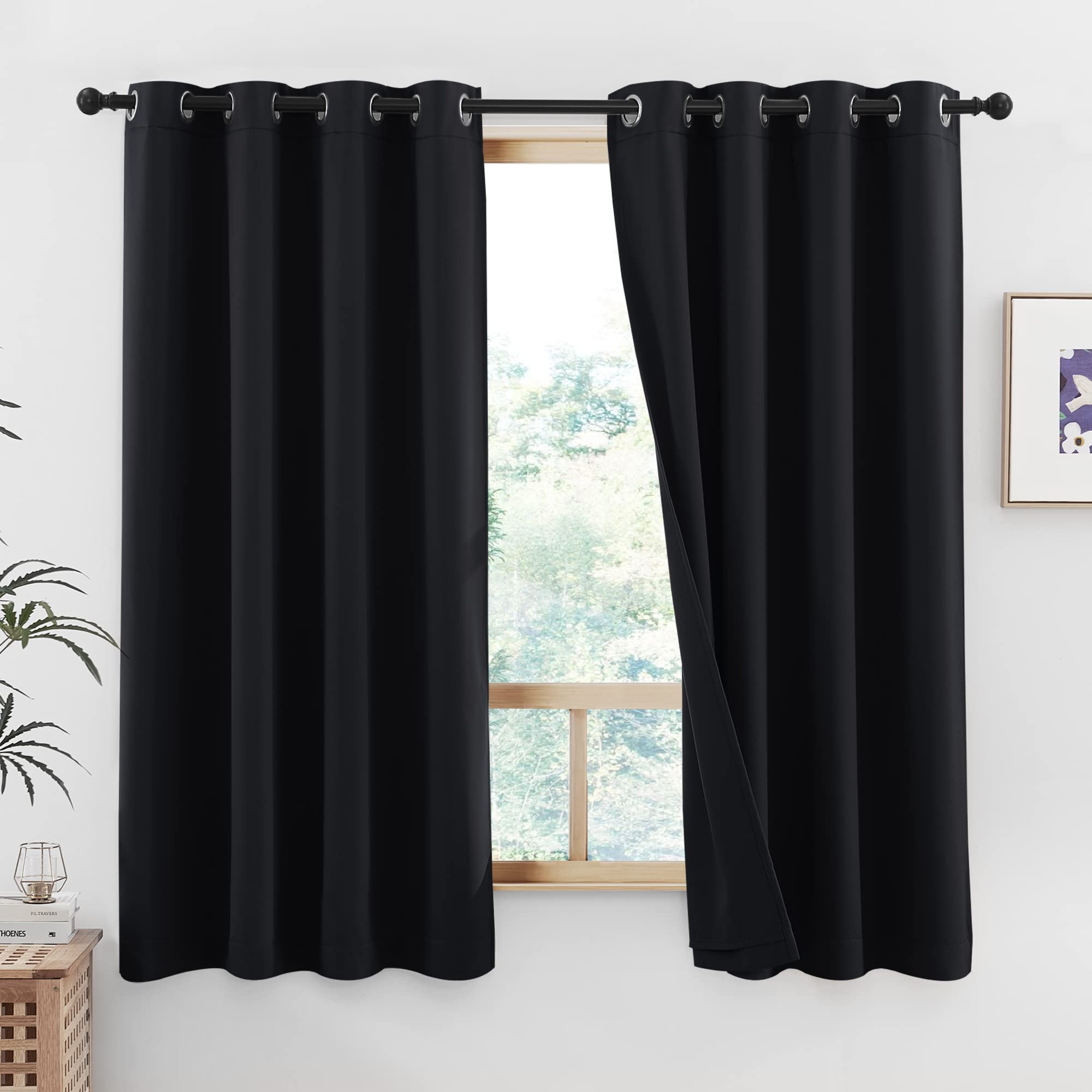 NICETOWN 100% Blackout Curtain Set, Thermal Insulated &amp; Energy Efficiency Window Draperies with Same Color Liner, Noise Reducing Short Curtains for Living Room (Jet Black, 42" W x 63" L, 2 Panels)