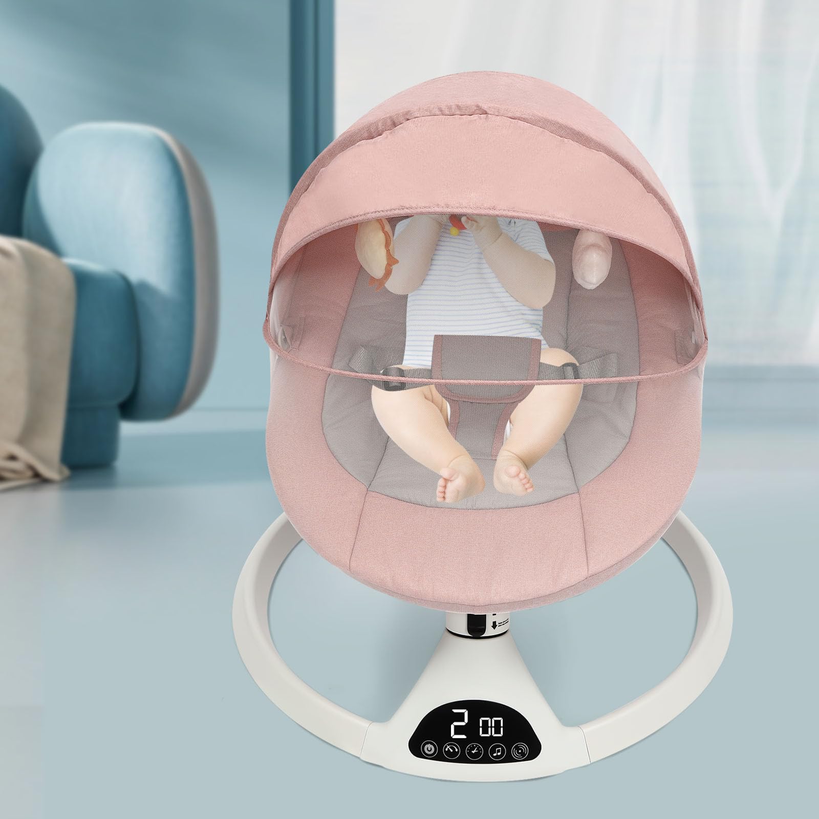 Elektrische Babywippe mit Bluetooth, für Babys von 0 bis 12 Monaten | 5 Schaukelstufen, integrierte Lieder und Bluetooth-Funktion, Timer-Funktion inklusive Fernbedienung und Moskitonetz