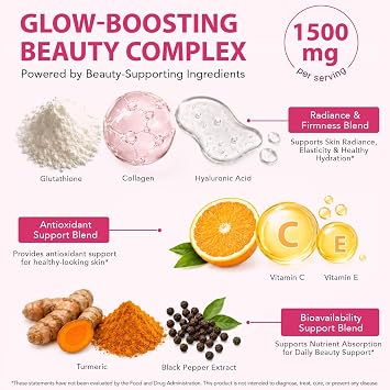 Liposomal Glutathione Supplement with Collagen, Hyaluronic Acid, Vitamin C & E, Antioxidant & Skin Wellness, Plant Based Skin, Hair & Nail Support - 120 Count