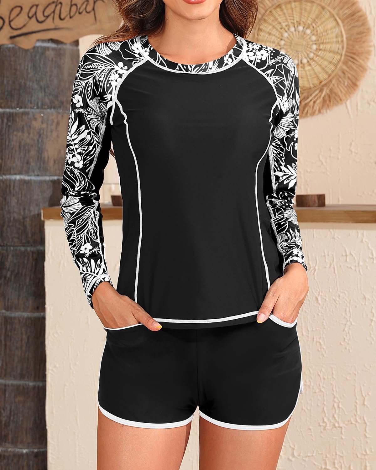 Women's Long Sleeves Rash Guard - 2 Piece Swimsuits with Built in Bra Swim Shirt and Shorts with Pockets