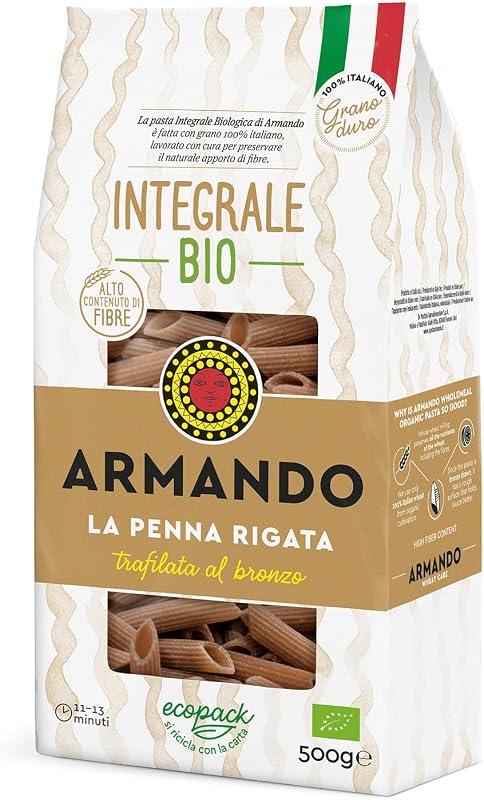 Armando, La Penna Rigata Integrale BIO 500g – Pasta Integrale Bio di Grano Duro 100% Italiano, Trafilata al Bronzo, Ricca di Fibre, Ecopack Riciclabile - 12 Confezioni da 500 g (Totale 6 kg)