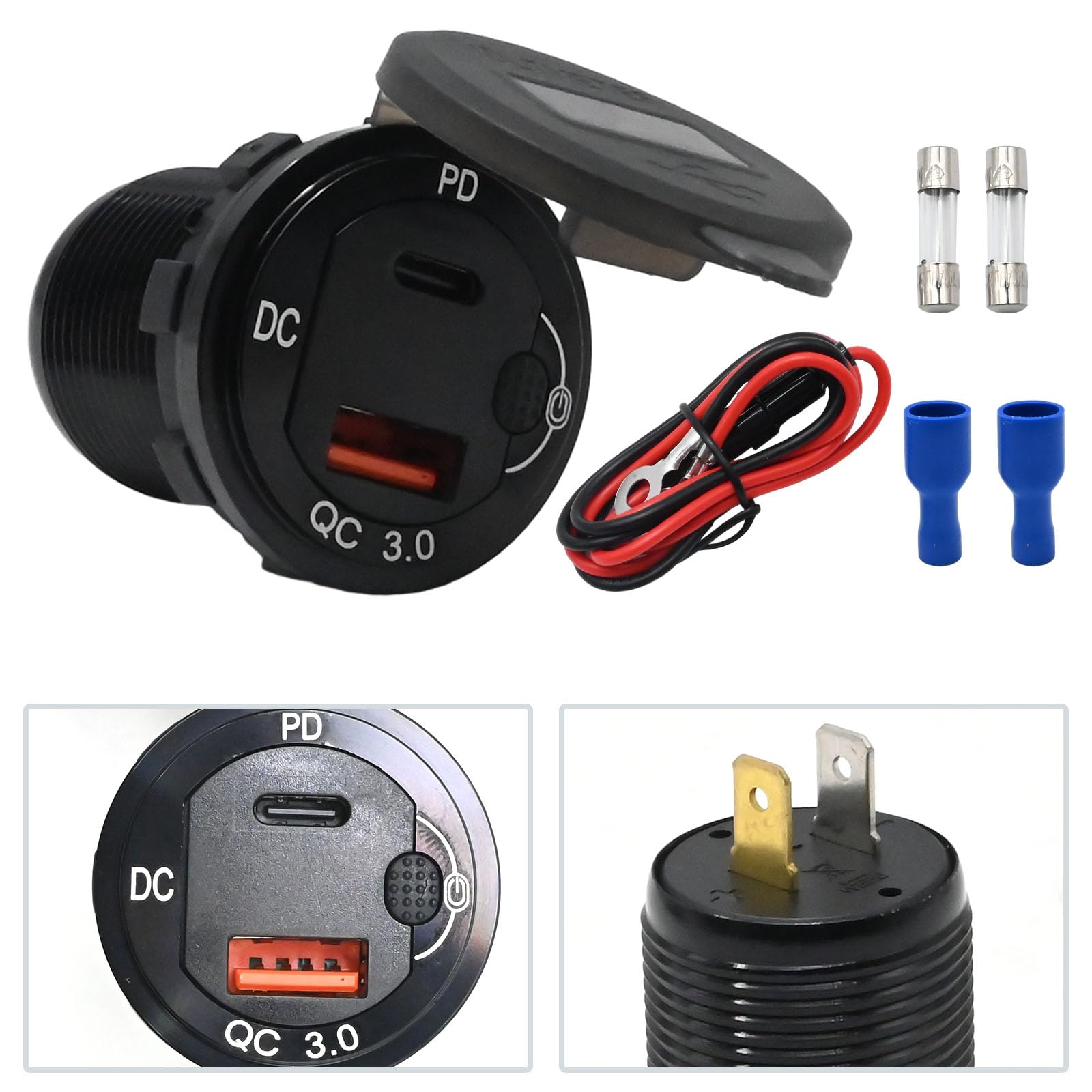 UOIENRT 83 W USB-C-Autoladegerät, 18 W QC3.0 und 65 W USB-C-Anschluss, 12 V Steckdose mit Knopfschalter, intelligentes Voltmeter für Auto, Golfwagen, Marine