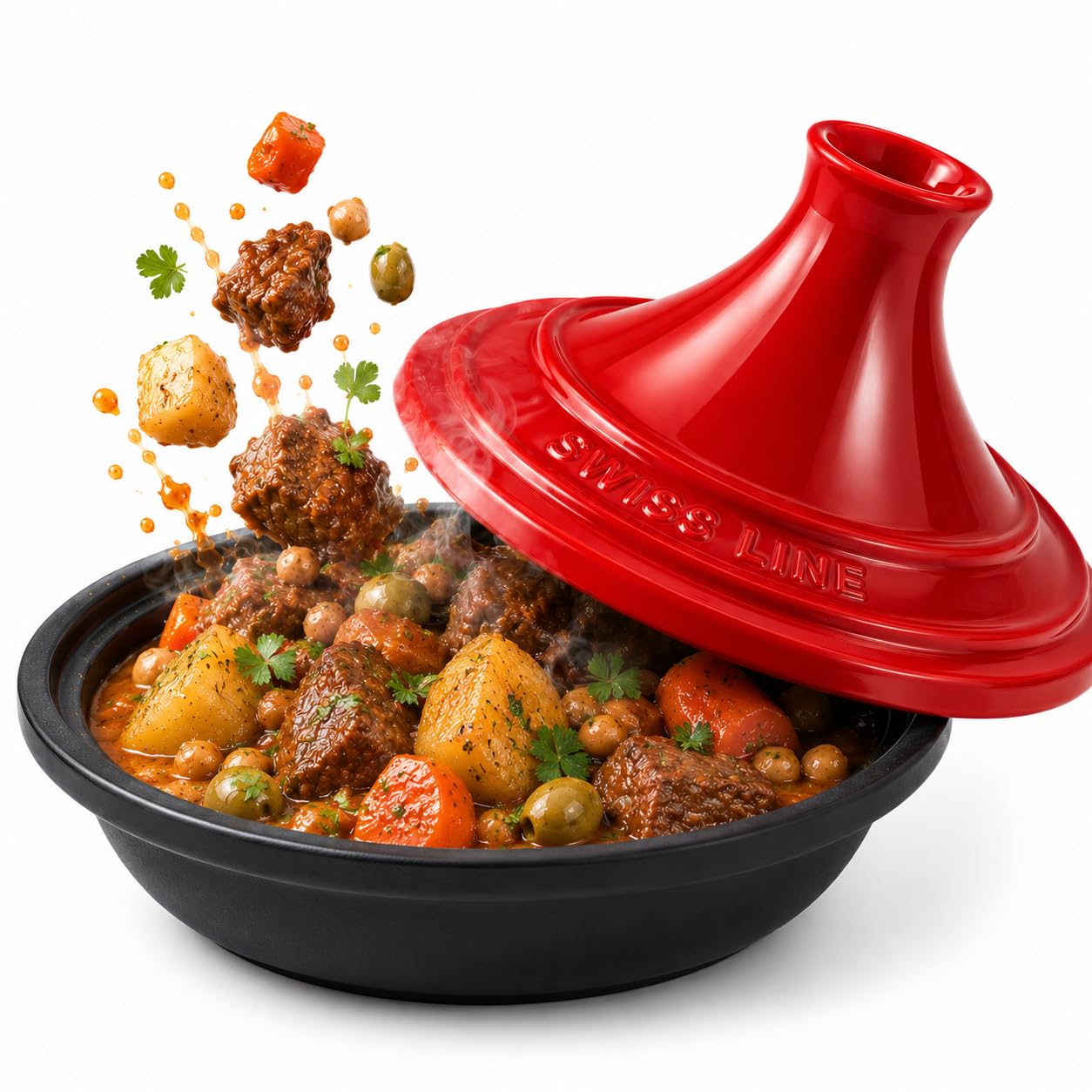 Swiss Line Tajine Topf 30 cm Gusseisen mit Keramikdeckel – Marokkanischer Schmortopf für 2–5 Personen, Induktion, Backofen & Grill
