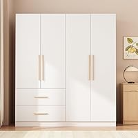 AGOTENI White Armoire Wardrobe Closet with 4 Doors, 2 Hanging Rods, Drawers & Shelves - 63"W x 70.9"H Bedroom Storage Cabinet
