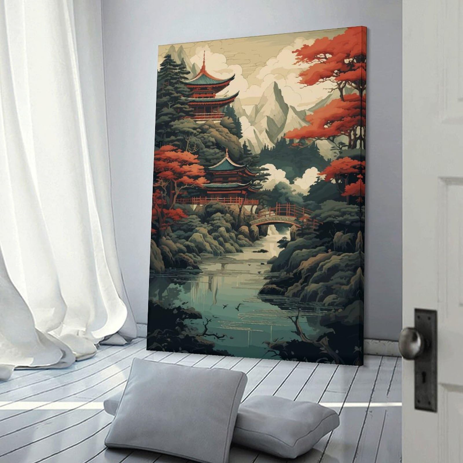 Junmoney Japanese Landscape Canvas Wall Picture, 08x12inch(20x30cm), for Wall Displays, Bedrooms Or Room Updates, Wall Decor Suited to Curated Displays