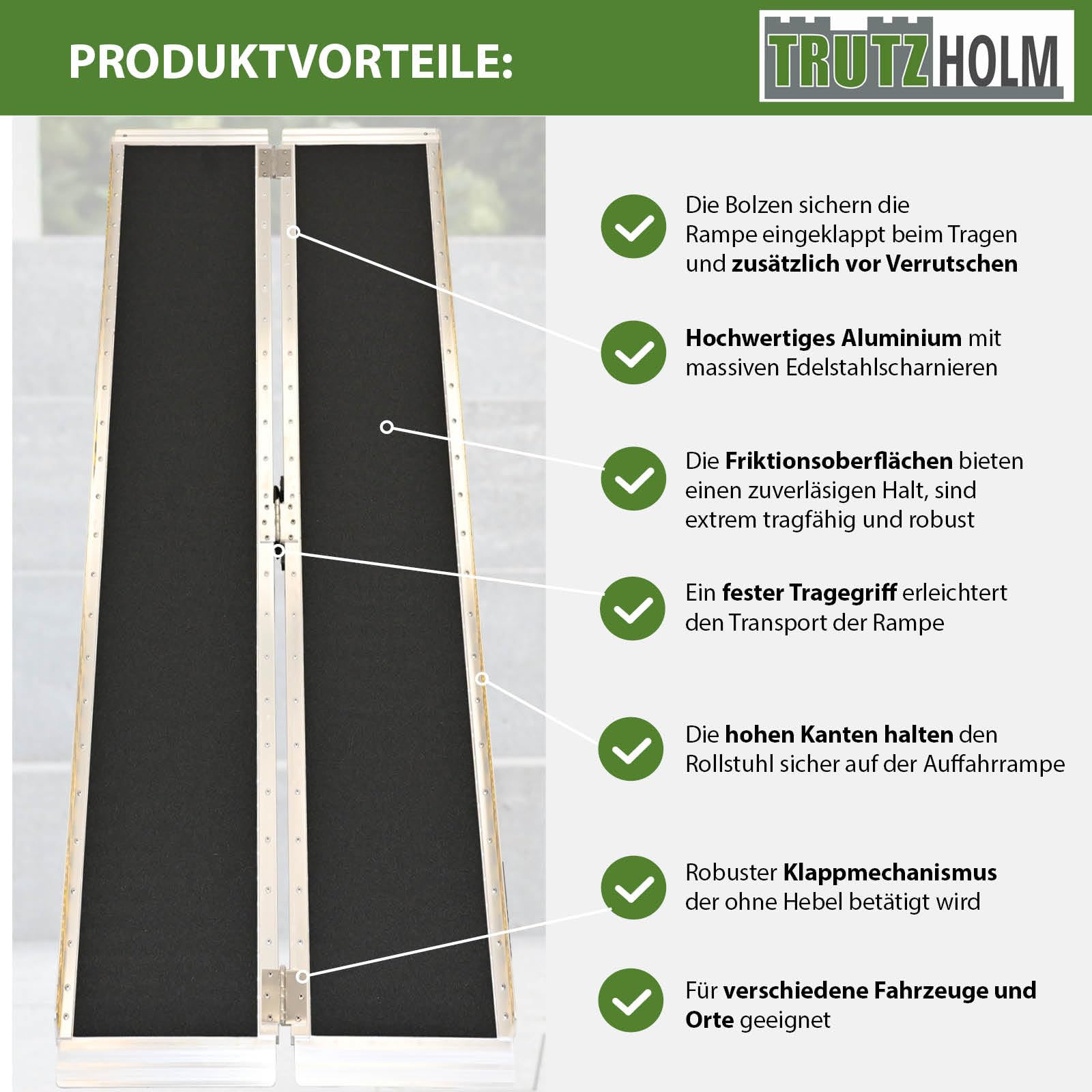 TRUTZHOLM Rollstuhlrampe 1-Fach klappbar 213 cm Traglast 272 kg Alu grau schwarz beschichtet Auffahrrampe