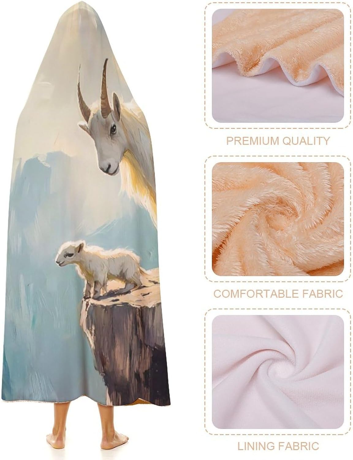 Goats Lambs on Cliff Mountains Fashion Wearable Blanket Hoodie Fleece Throw Cloak Robe Unisex