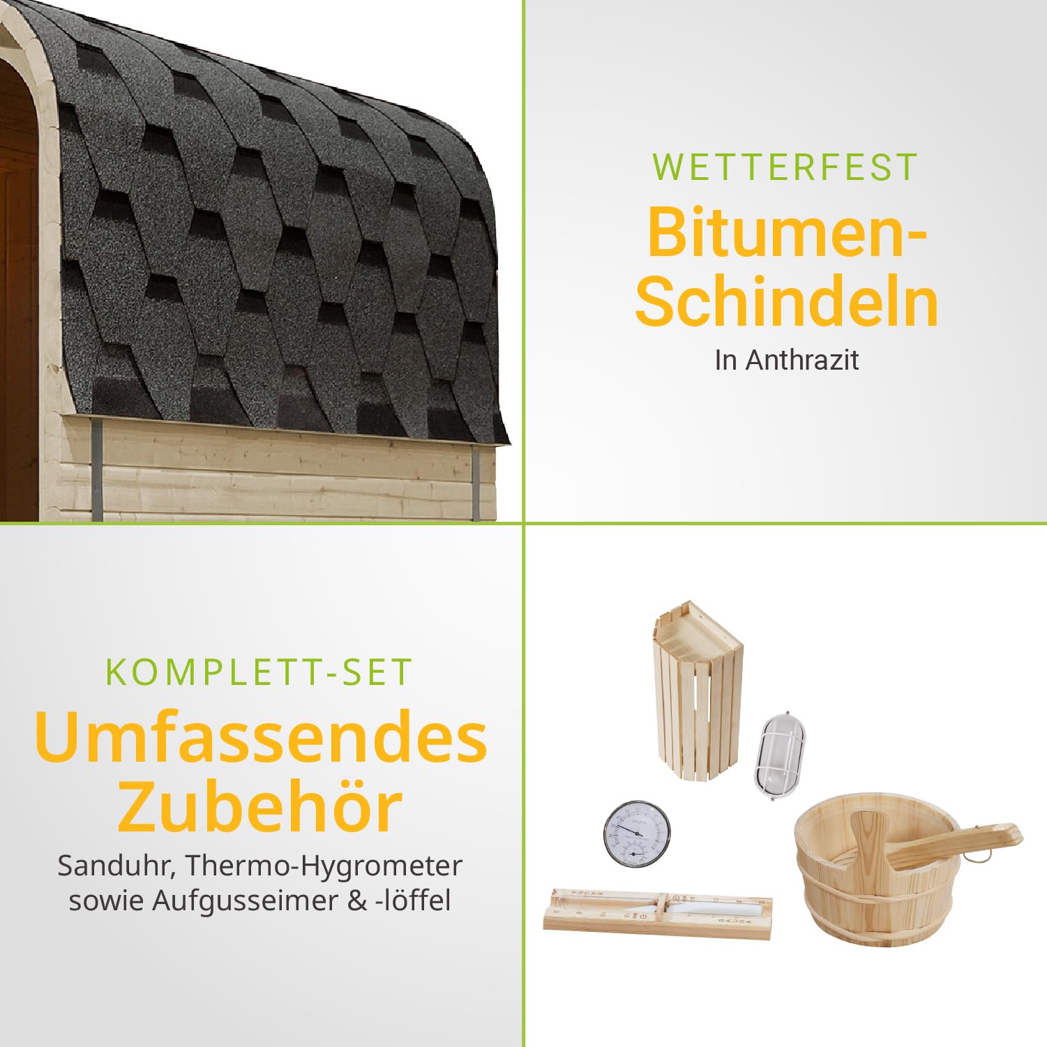 Artsauna Fasssauna Fjora Outdoor-Sauna Fichtenholz 6 Personen 9 kW Ofen LED-Beleuchtung Zubehörset