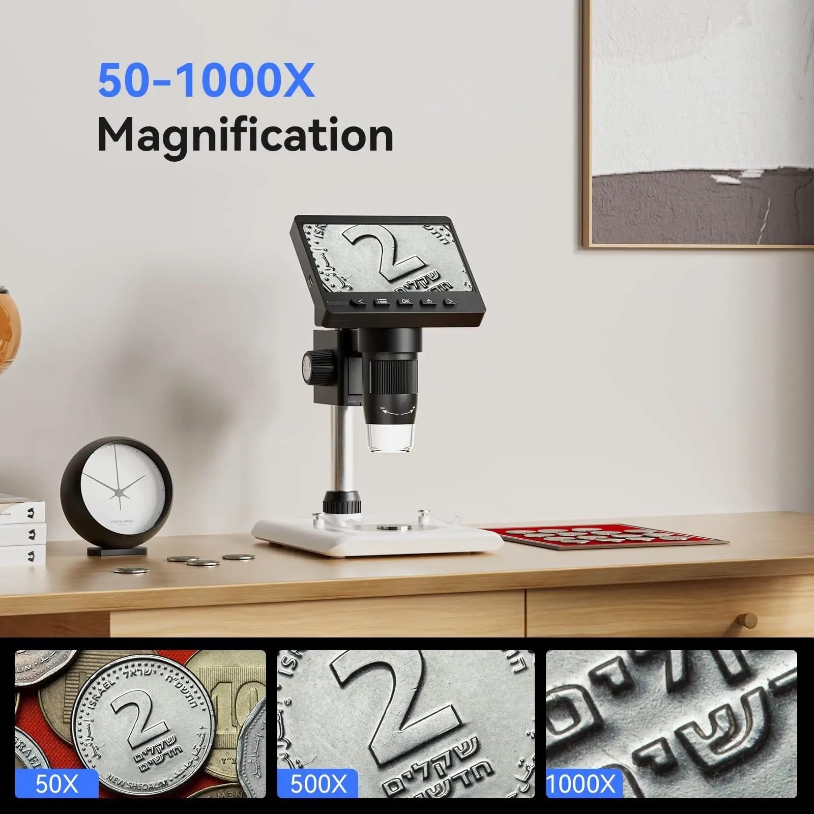 4,3-calowy mikroskop cyfrowy LCD 1000X moneta mikroskop na monety lupa USB mikroskop z wysokim stojakiem 8 LED dla dziecka