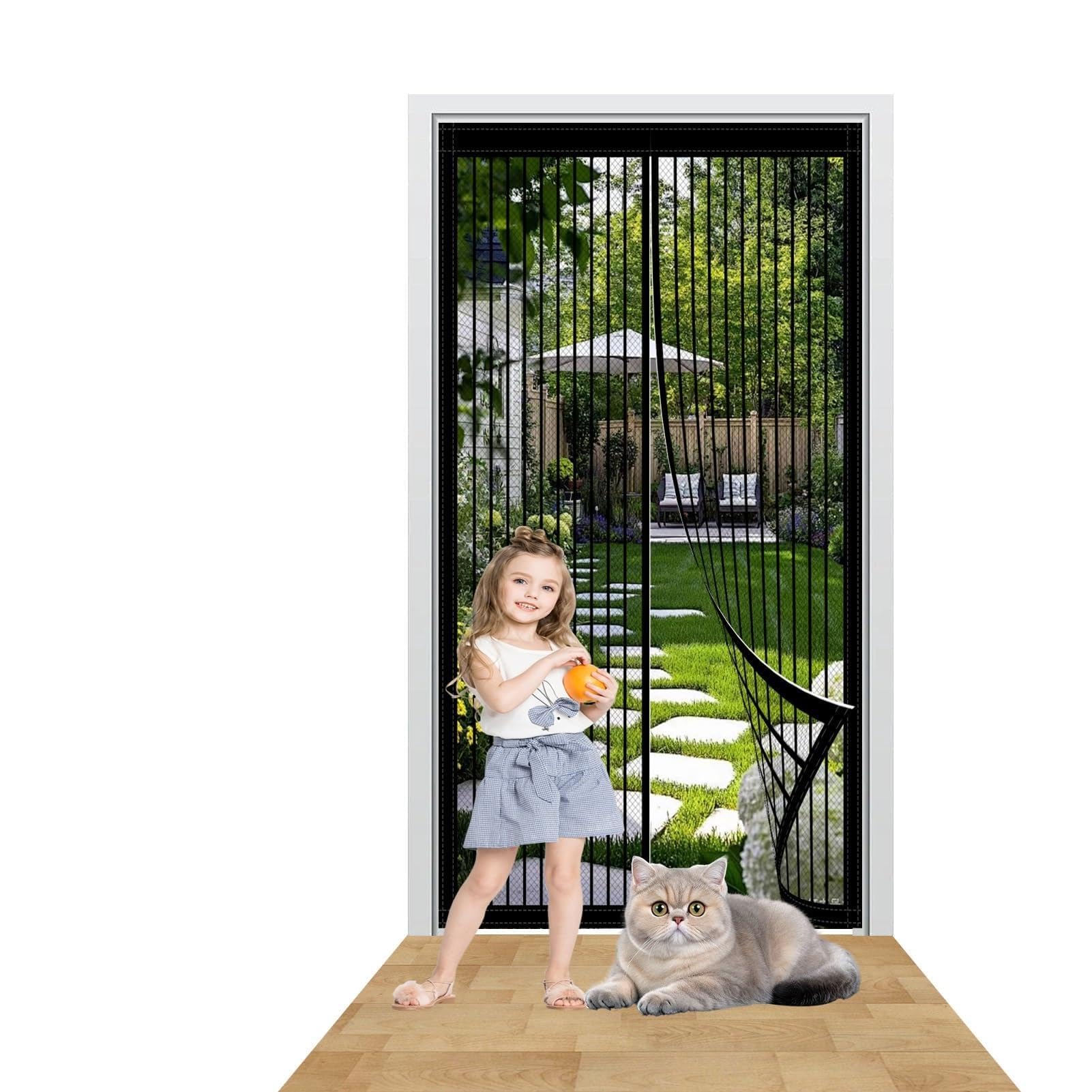 Magnetic Fly Screen Door 144 x 205 cm Easy to Install Without Drilling Magnetic Door Curtains with Powerful Magnets/Full Frame Magic Tape for Home Office Balcony Patio Garden, Black