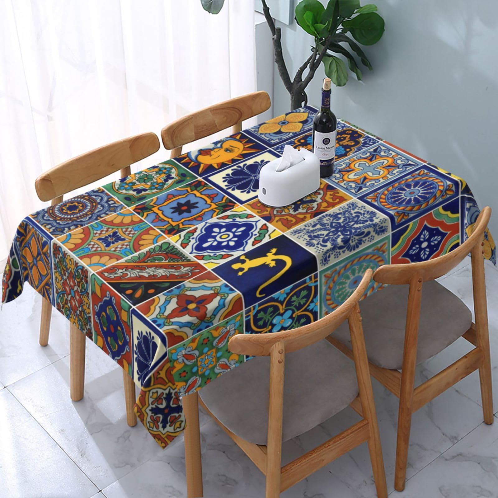 HLBSDM Mexican Talavera Ceramic Tiles Rectangle Tablecloth, Suitable for Wedding, Party and Restaurant Festival Gathering Event Polyester Fabric Decorative Tablecloth(54x72in)