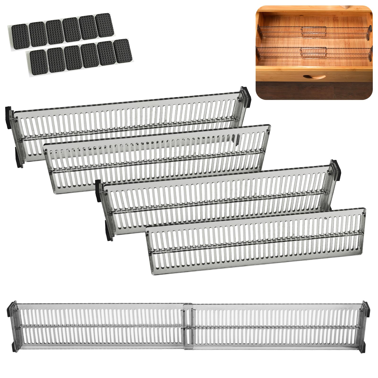 4 Stück Schubladenteiler, Verstellbarer Organizer aus Kristallklar Acryl, Höhe 8cm (27.5-51cm Länge), Inkl. Seitenteile & Anti-Rutsch Pads, Für Küche, Bad, Büro, Schlafzimmer (Transparent Schwarz)