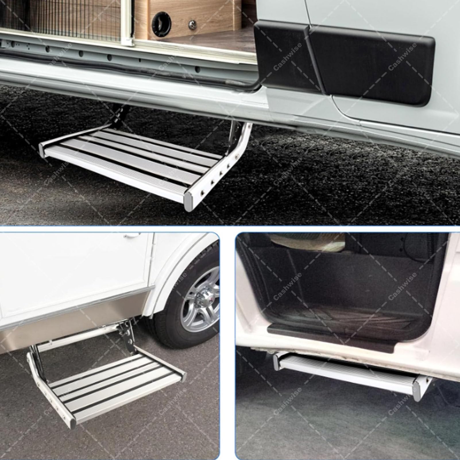 Automatyczne składane schody do przyczepy kempingowej, wytrzymałe aluminiowe schody elektryczne składane do kamperów z oświetleniem LED, do kamperów i przyczep kempingowych Single-24V