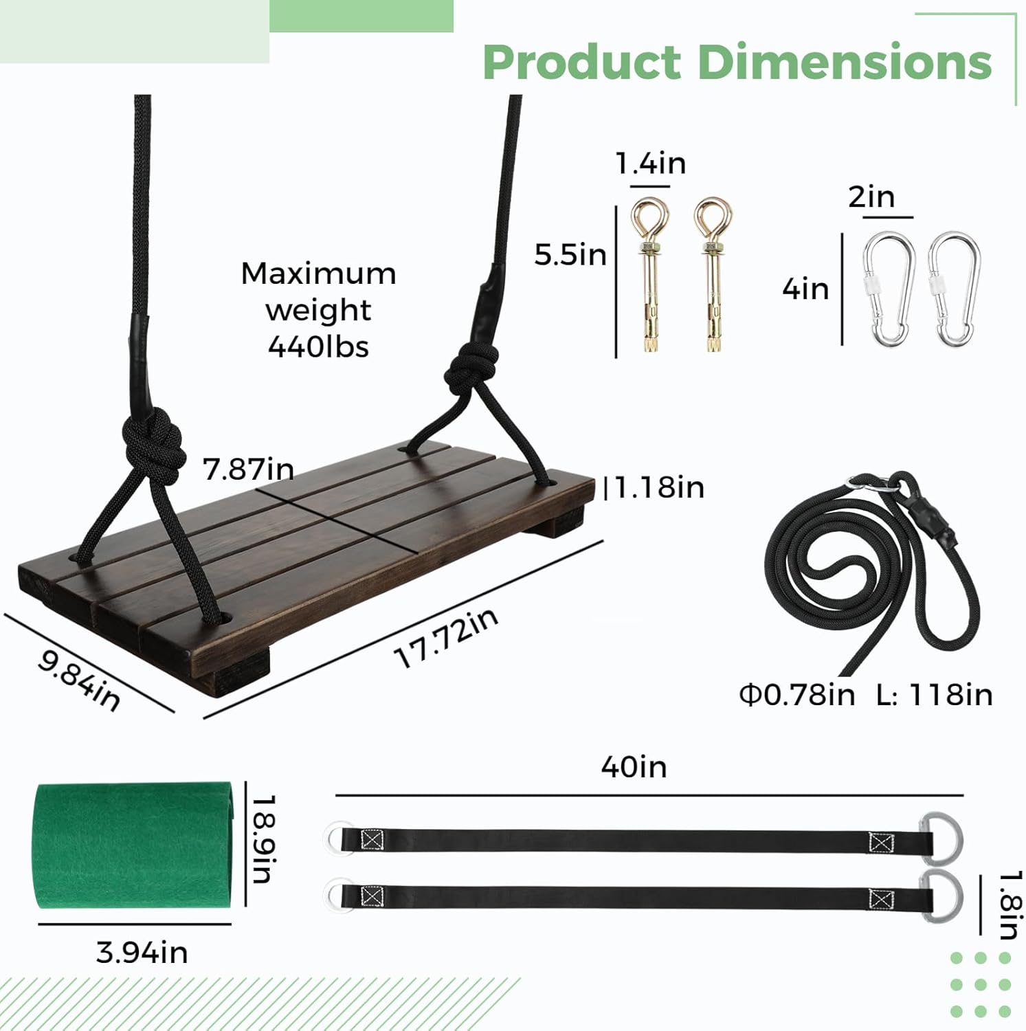 Heavy Duty Wooden Tree Swing Seat for Adults & Kids - 440lbs Capacity, Adjustable Rope & 180 inch Tree Straps, Indoor/Outdoor Swing Set for Backyard, Garden, Porch, Patio, 17.72" x 7.87"