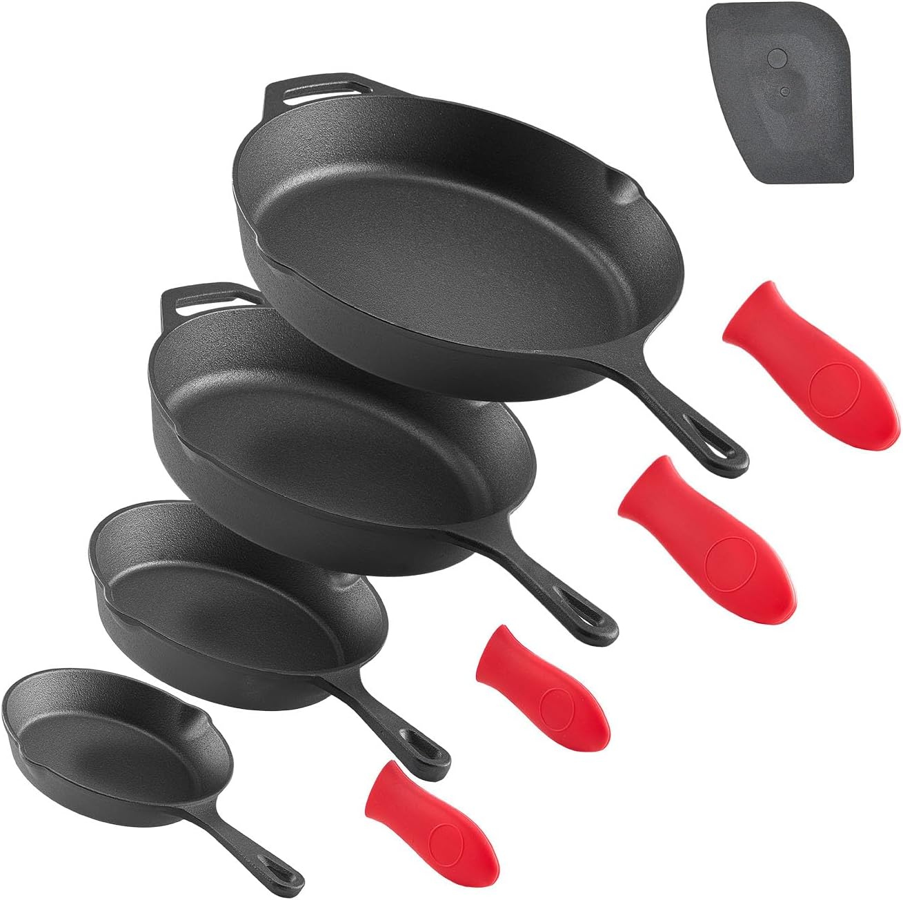 VEVOR Cast Iron Skillet, 4-Piece Frying Pan Set (6, 8, 10, 12 in), Skillets with Heat-Resistant Silicone Handle, Pre-Seasoned Chef's Pan, Kitchen Cookware, for Oven, Gas, Electrical, Induction, Black