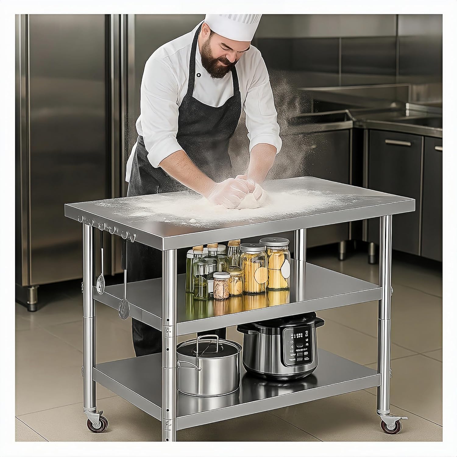 Stainless Steel Table with Wheels for Food Preparation and Work, Multi-Size Optional, Three-Layer Variable Two-Layer Metal Commercial Workbench Outdoor, Restaurant, Kitchen (36" Lx24 Wx34 H)