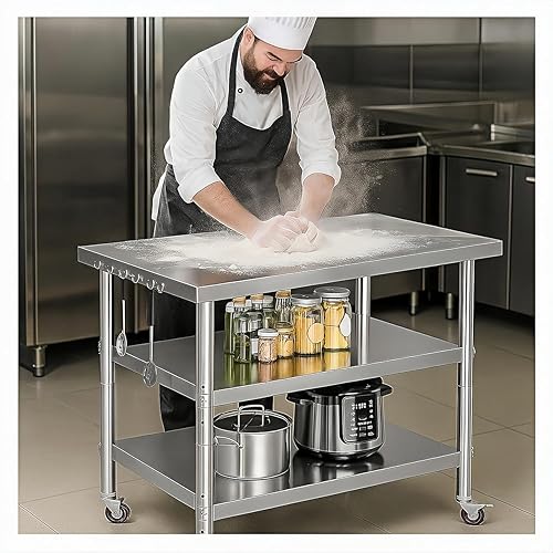 Stainless Steel Table with Wheels for Food Preparation and Work,