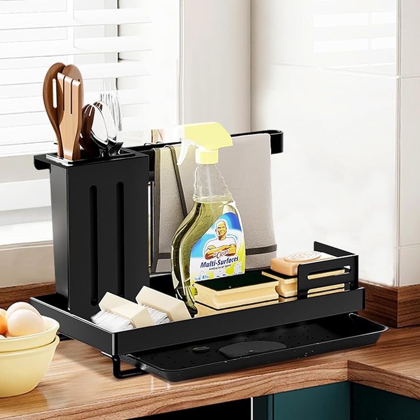 Immagine del prodotto Topretty Organizzatore per lavello con vaschetta di scarico, Organizzatore per lavello da cucina Organizzatore per lavello da banco Supporto per spugne in acciaio inox