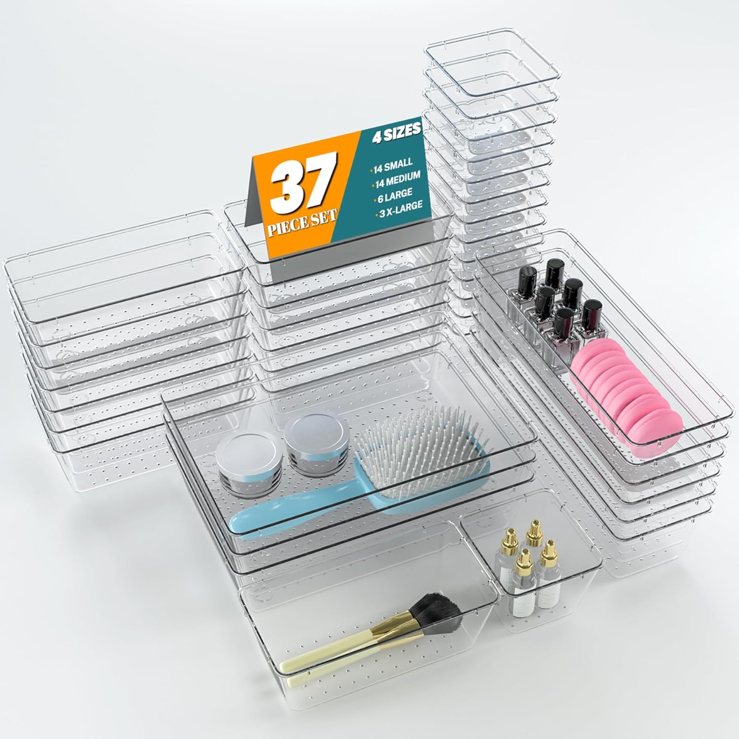 37 PCS Clear Plastic Drawer Organizer Set, 4-Size Non-Slip Desk Drawer Organizer Trays Storage Tray for Makeup, Jewelries, Bedroom, Kitchen Utensils and Office 37PCS
