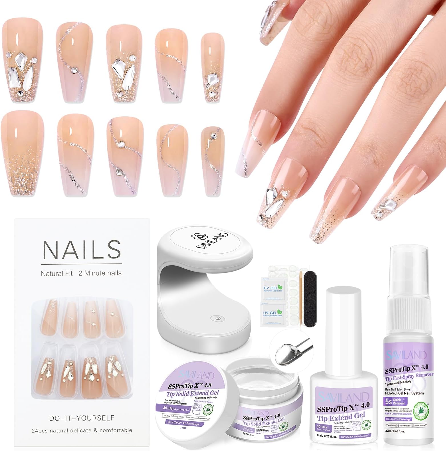 SAVILAND Blink Press On Nails: Long-Wear Glitter Press-Ons 100% Acrylic Nail Tips Gel Nail Kit GEL Glue Soft Tips Fake Tips False Nails Pre-Made Need U V Nail Lamp Star Gift Set
