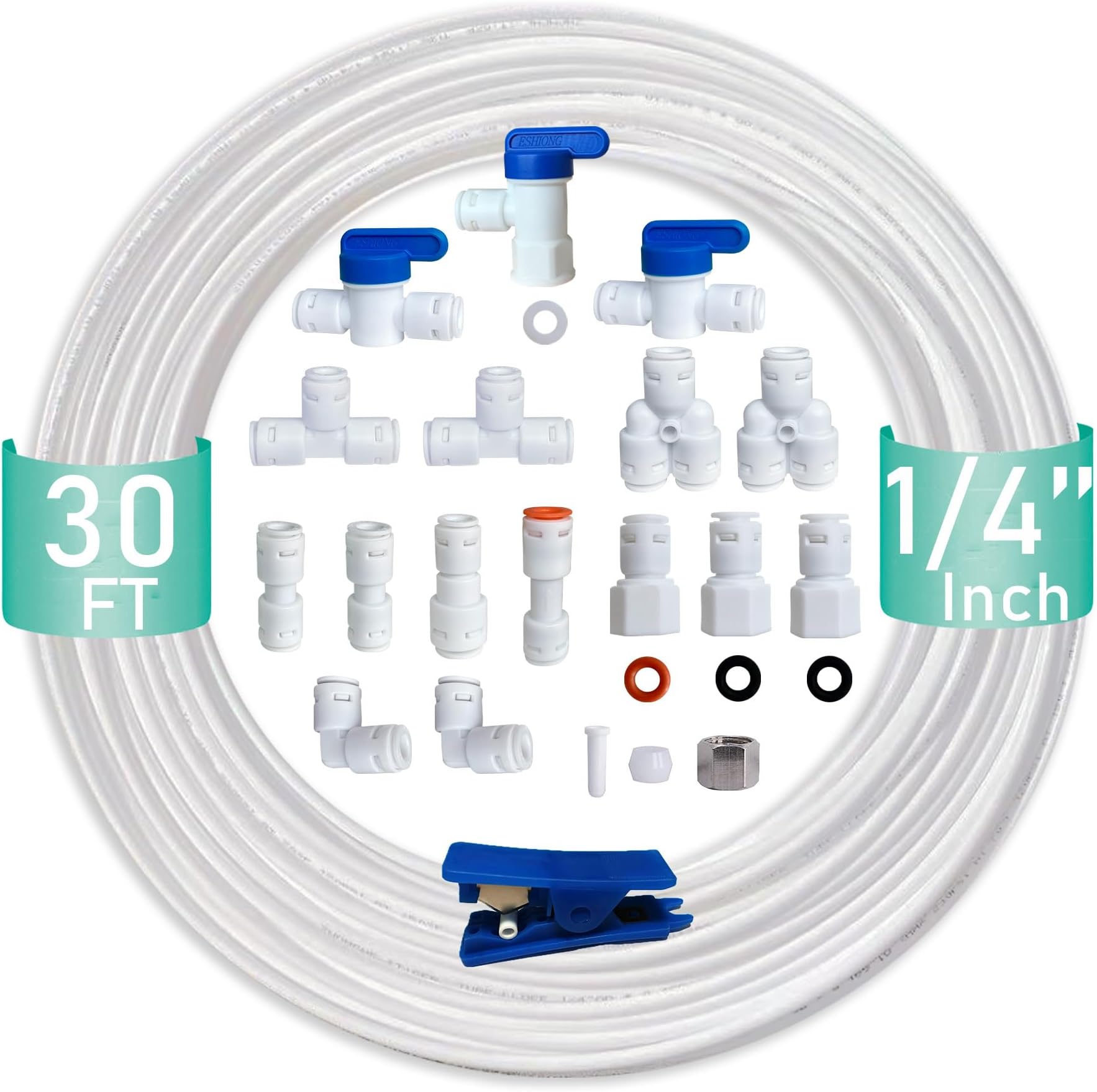 ESHIONG NSF Certified 1/4" O.D. Push to Connect Fittings for RO (Reverse Osmosis) Water Filter（ Fridge Installation Kits）20 pcs+30 feet 1/4" Water tubing.