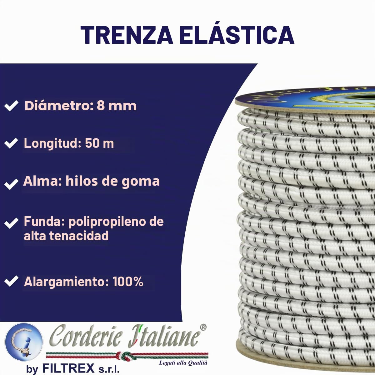 Corderie Italiane 6005087-00 Braid Elástica, 8 Mm-50 Mt, White, color: blanco