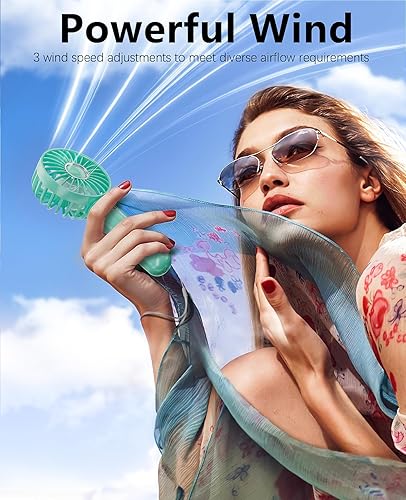 Vista 3 de Mini ventilador portátil de mano, pequeño ventilador personal con pilas, ventilador de pestañas, silencioso USB, recargable, 3 velocidades, Azul