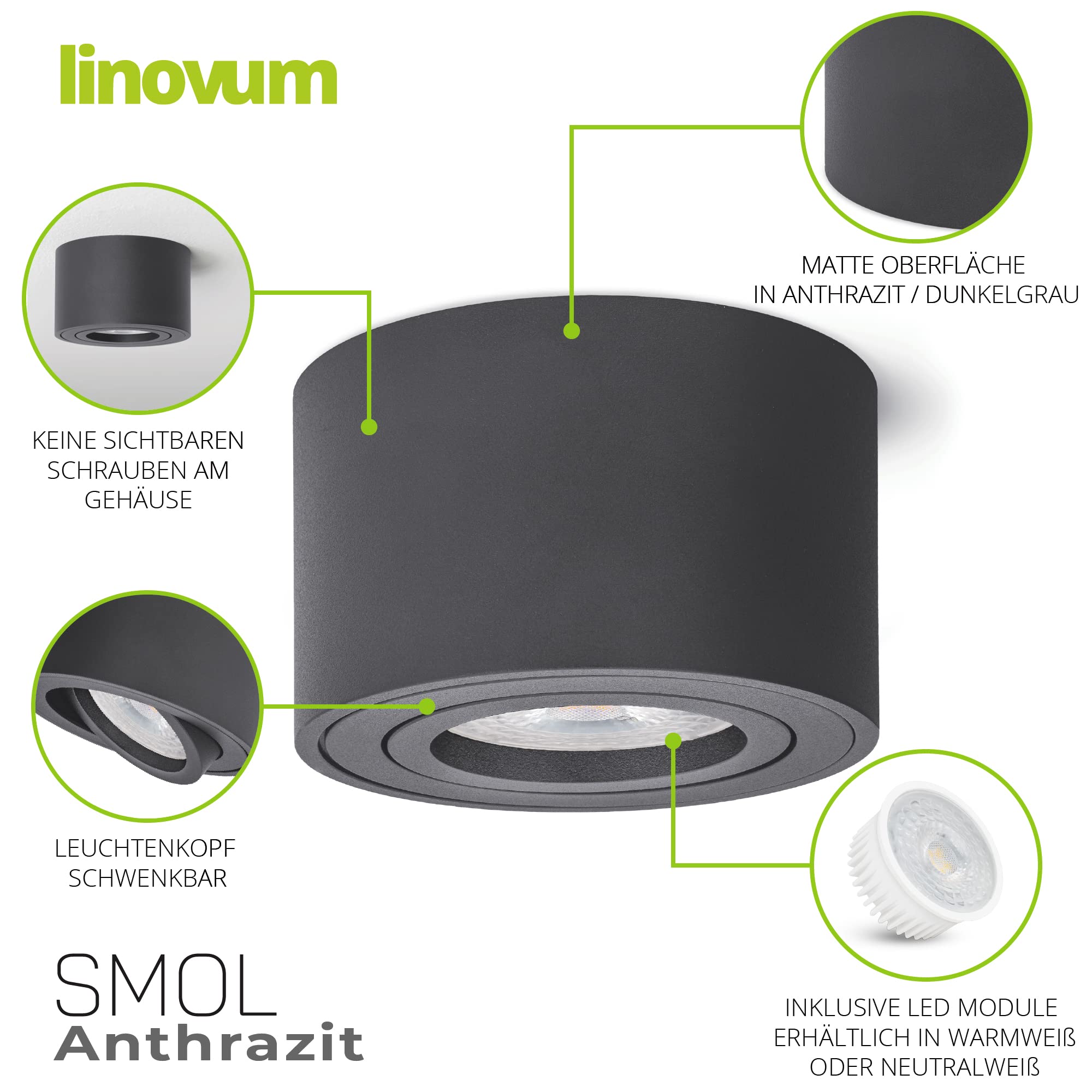 linovum SMOL Aufbauspot anthrazit flach schwenkbar Ø80mm 4W warmweiß
