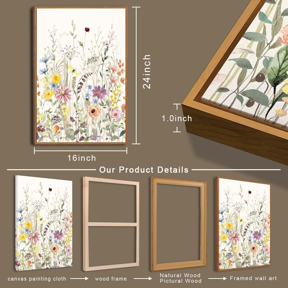 BINCUE Groß Blumen Leinwand Wandkunst, Aquarell Wildblumen Bilder mit Rahmen, 40x60cm x3