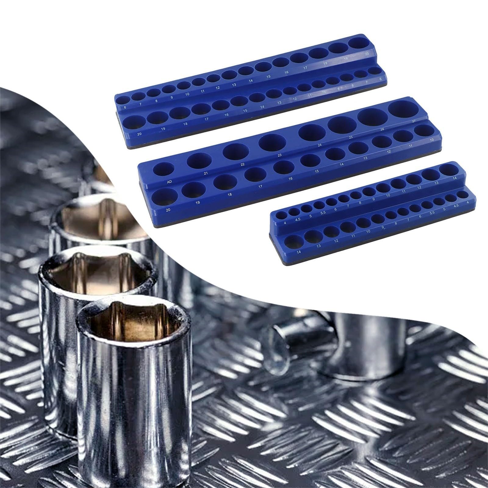 Supporto organizer per chiavi a bussola per chiavi a bussola metriche e SAE da 1/4", 3/8" e 1/2", vassoio magnetico in plastica con base antigraffio gommata, set da 3 pezzi (blu)