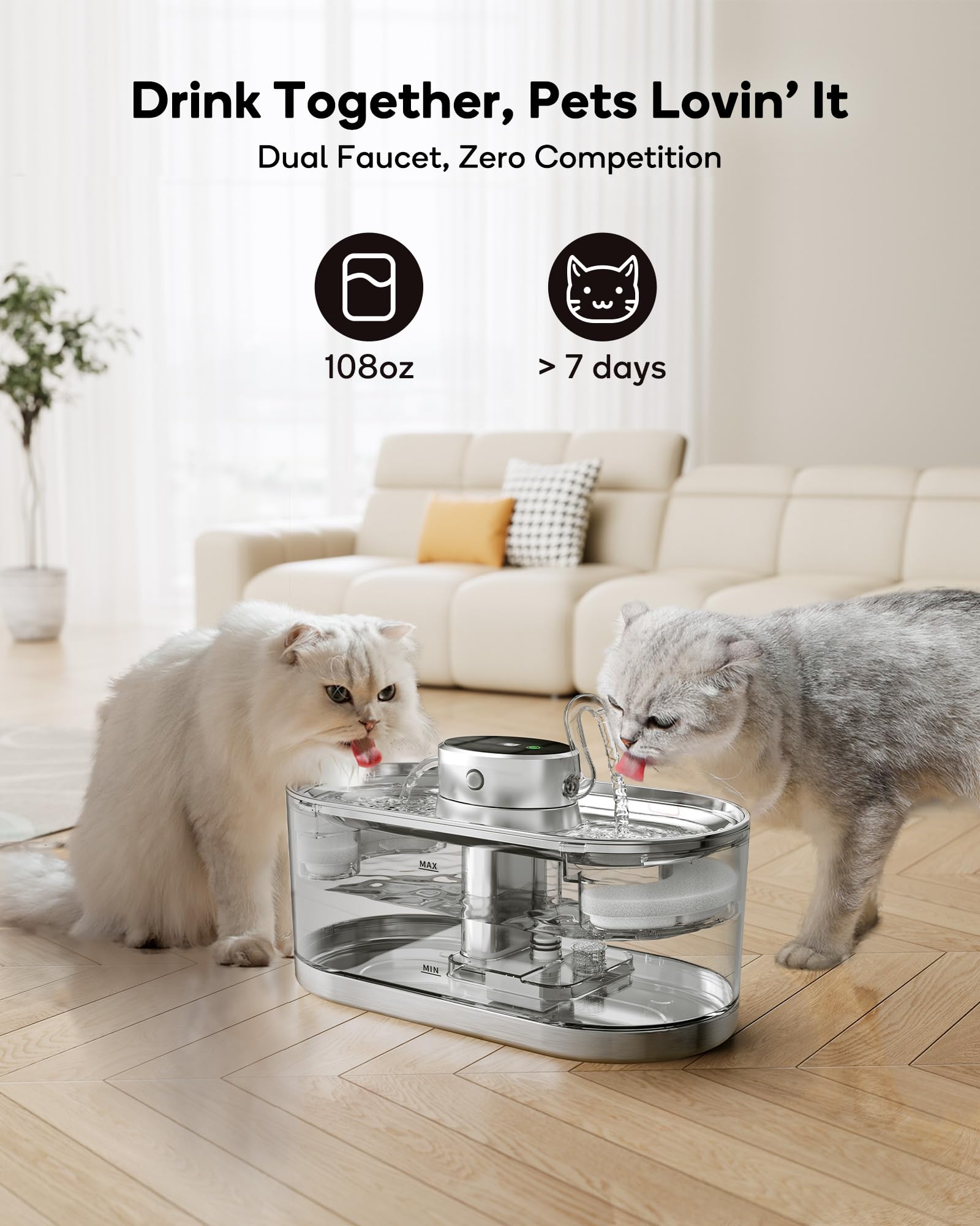 Cat Water Fountain Cordless, 108oz/3.2L Cengcen Wireless Pet Water Fountains Battery Operated 5000mAh, Chew-Proof Charging Cable with Adapter, Stainless Steel Transparent, Premium Edition - image 7