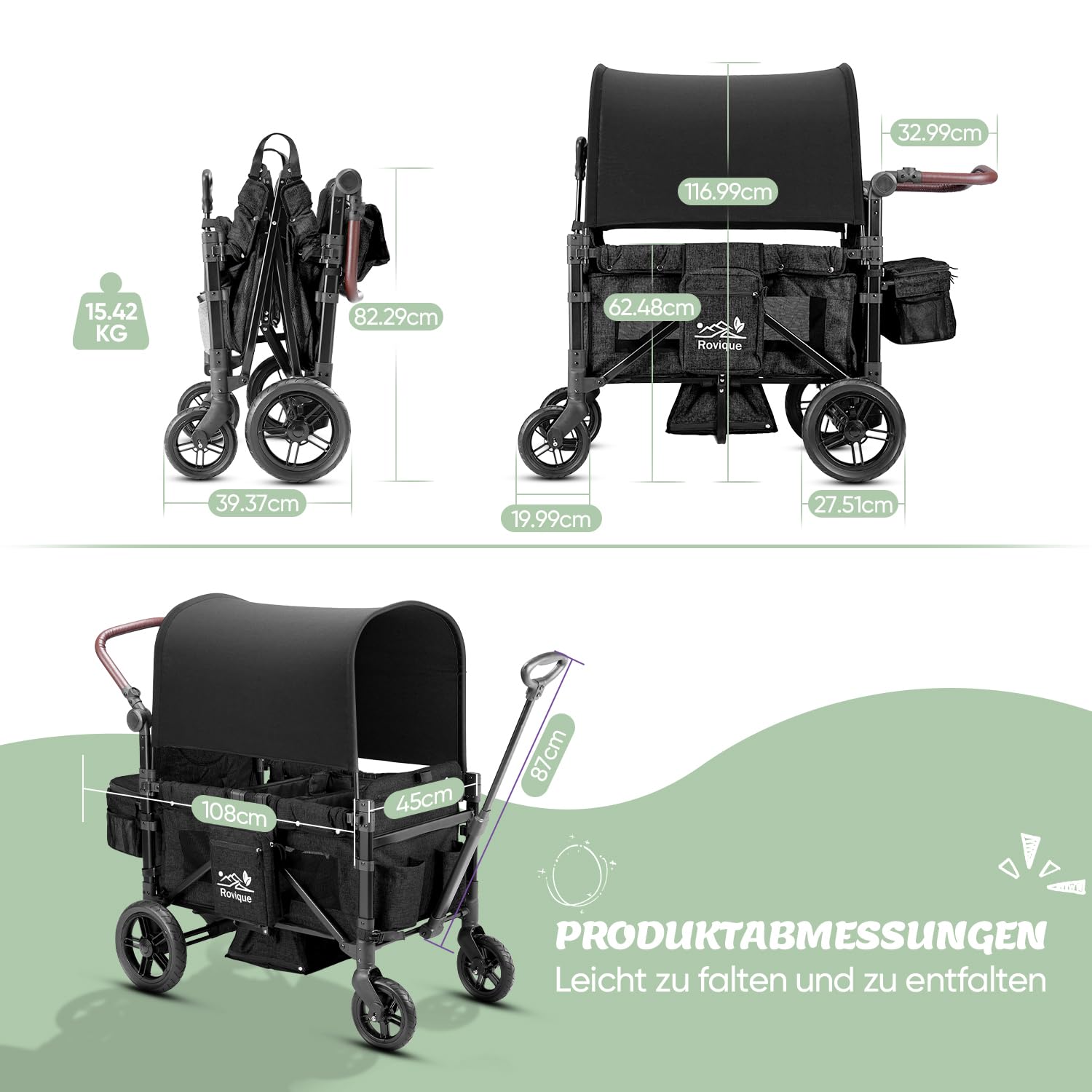 Chariot pliable Rovique avec toit solaire réglable – Chariot à 2 places, poussette avec harnais 5 points, poignée réglable en hauteur, fonction pousser-tirer, roues en PU avec freins, sac de rangement