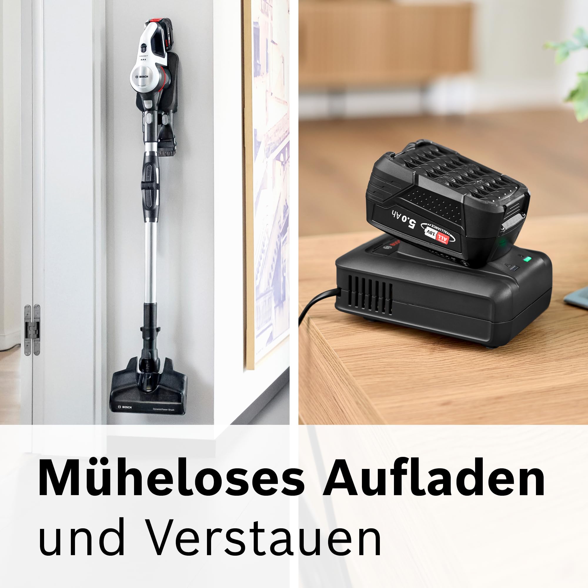 Bosch Akku-Staubsauger Unlimited 7 BSS715CARP, kabellos, Knickrohr, Hygiene-Filter, 10 Jahre Motorgarantie, 5.0 Ah Akku, Schnellladegerät, XXL-Polsterdüse, Turbostufe, Made in Germany, weiß