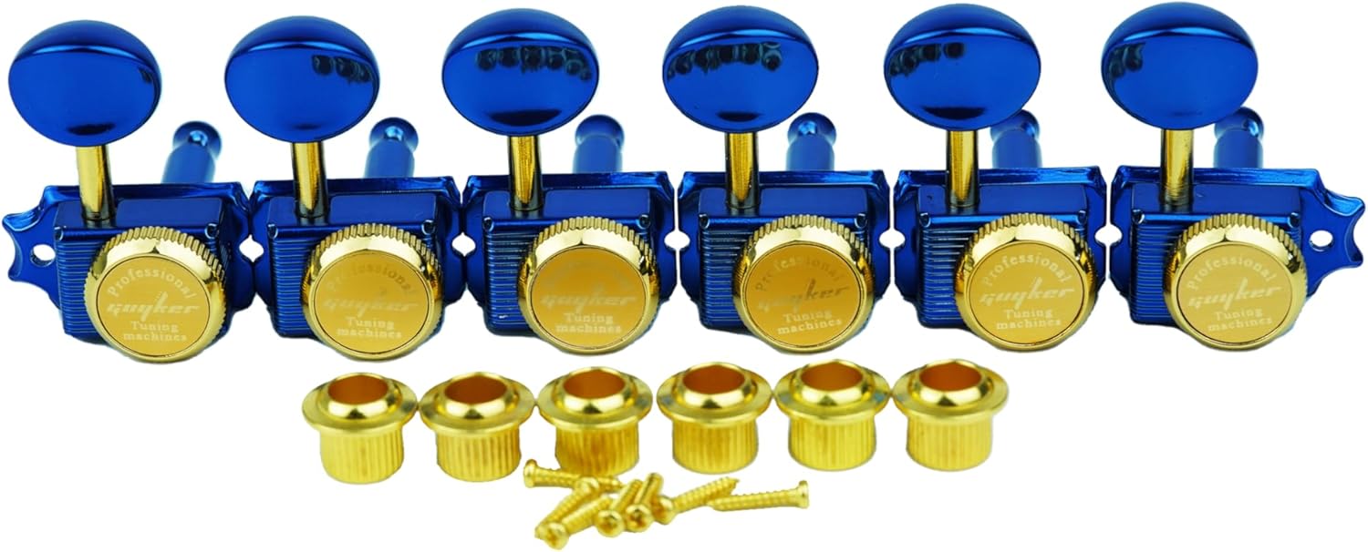 Guyker 6 Inline Vintage Guitar Lock String Tuners – Locking Tuning Key Pegs Machine Heads Replacement Parts for ST TL Style Electric, Folk or Acoustic Guitars – GK55SP, Blue+Gold