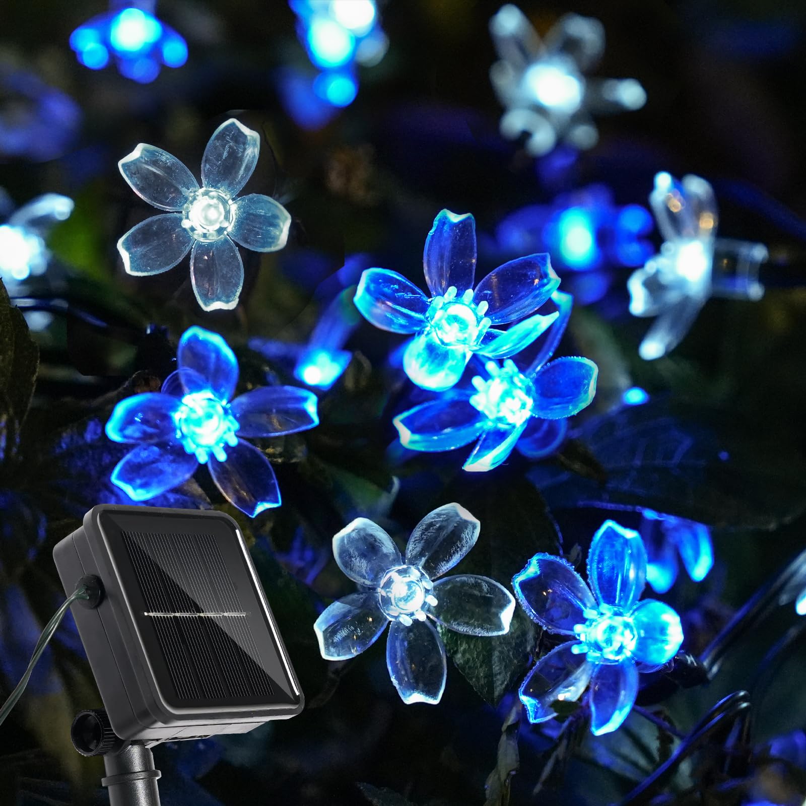 Vruxuri 60 LED Solar String Lights Outdoor Waterproof Flower Fairy Lights for Garden Fence Patio Yard Christmas Tree Lawn Wedding Party Decor, Blue and Pure White