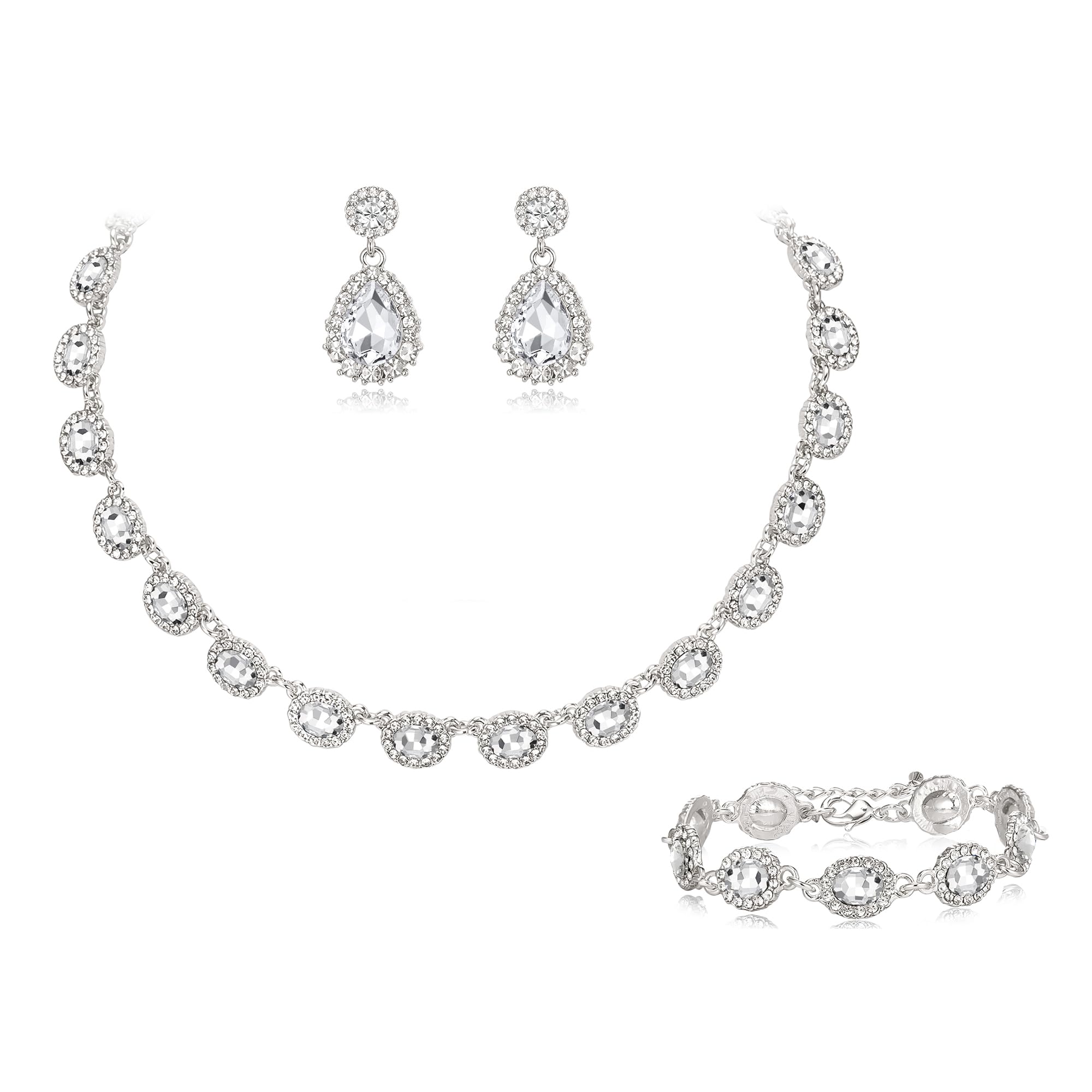 Crysdue Wedding Jewelry Set for Women Brides Oval Rhinestone Crystal Collar Necklace Link Bracelet Teardrop Pierced Dangle Earrings for Prom Party Clear Silver-Tone