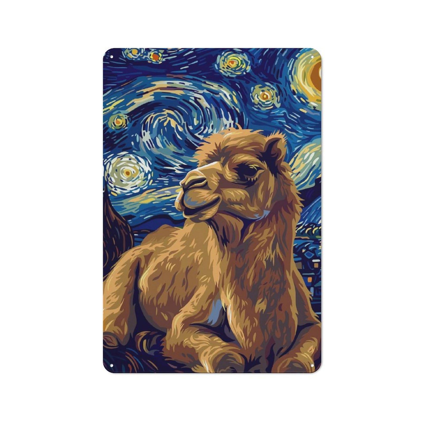 Junmoney Camel In Starry Night Style Printed Metal Sign 30X20cm For Café Or Restaurant, New-Space Wall Decor For Café Owners And Decorators