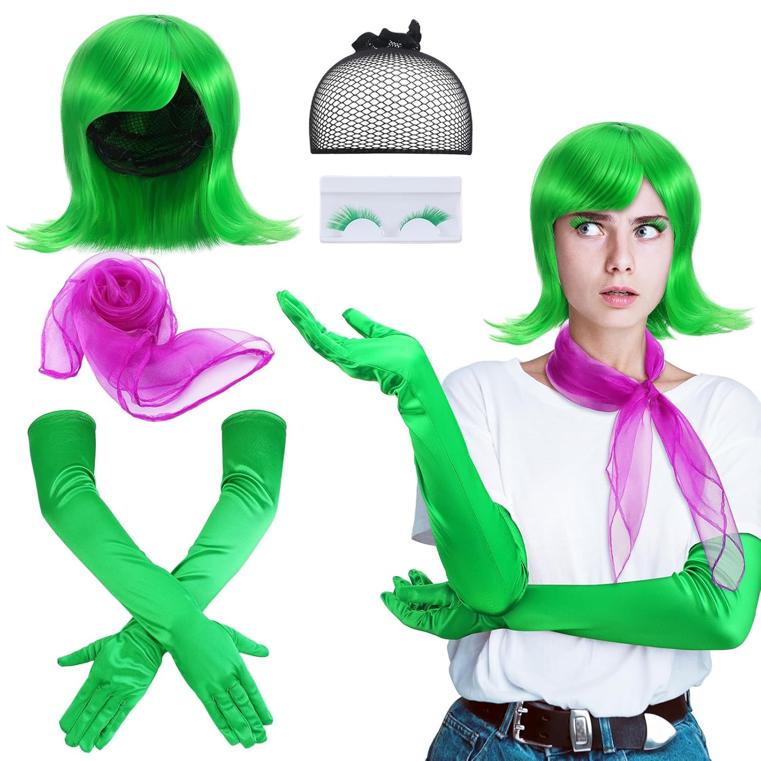 4 Pcs Halloween Disgust Costume Cosplay Set Disgust Green Costume Wig with Scarf Gloves False Eyelashes Short Green Flip Wigs for Adults Halloween Costume Anime Cosplay - Image 2