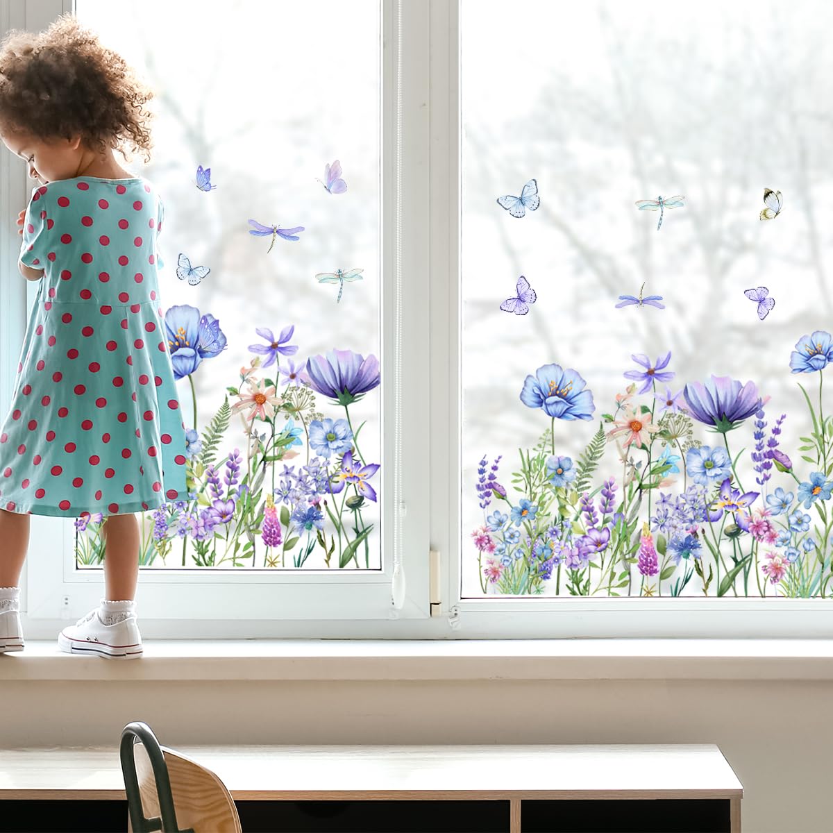 WandSticker4U®- Pegatinas ventanas primavera flores CAMPO de FLORES azul reutilizables (95x59 cm) I Vinilo ventanas flores plantas I Decoración ventana salón dormitorio verano GRANDE (no adhesivo)