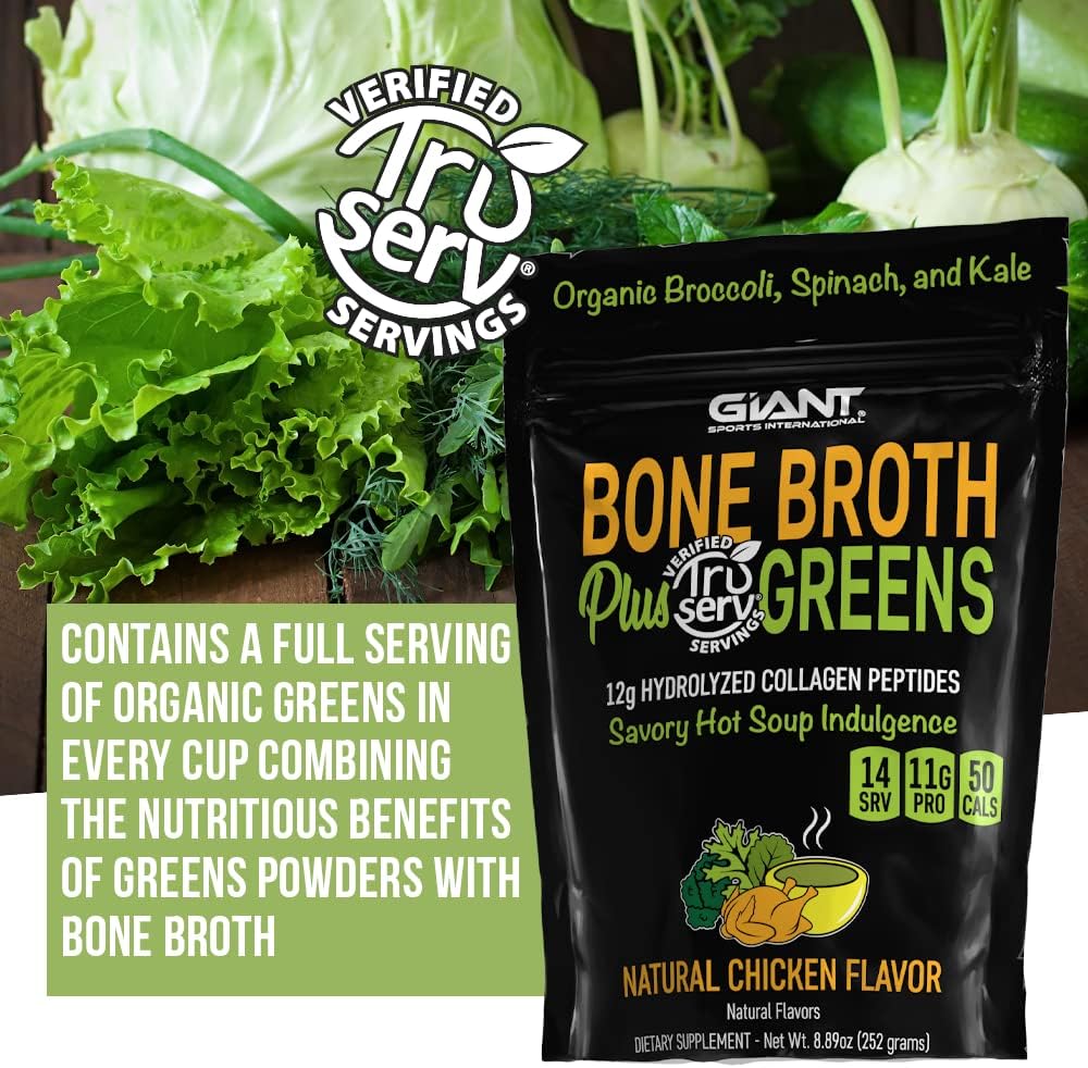 Giant Sports Bone Broth Collagen Plus Greens | Organic Super Greens Powder + Delicious Collagen Protein Powder Mix | Paleo and Keto Friendly | Natural Chicken Flavor 14 Servings
